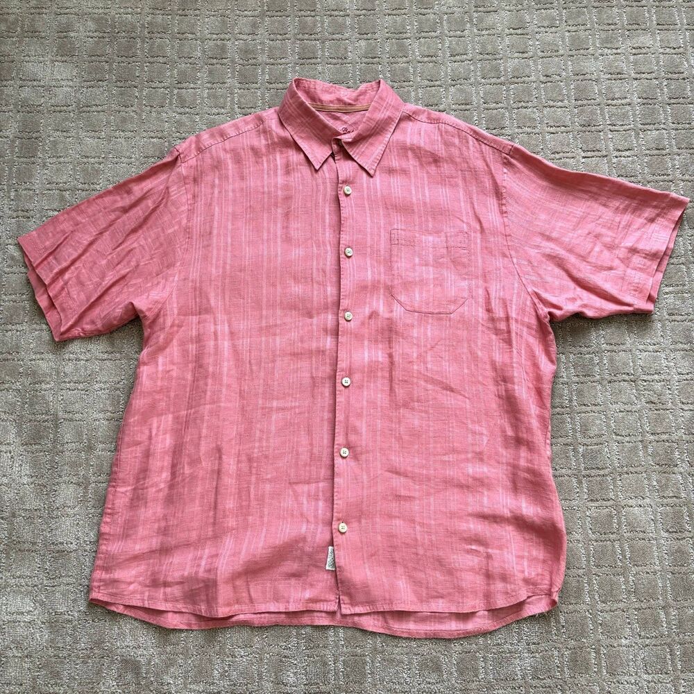 Tommy Bahama 100% Linen Short Sleeve Shirt XL Coral Red Casual Beachy Travel